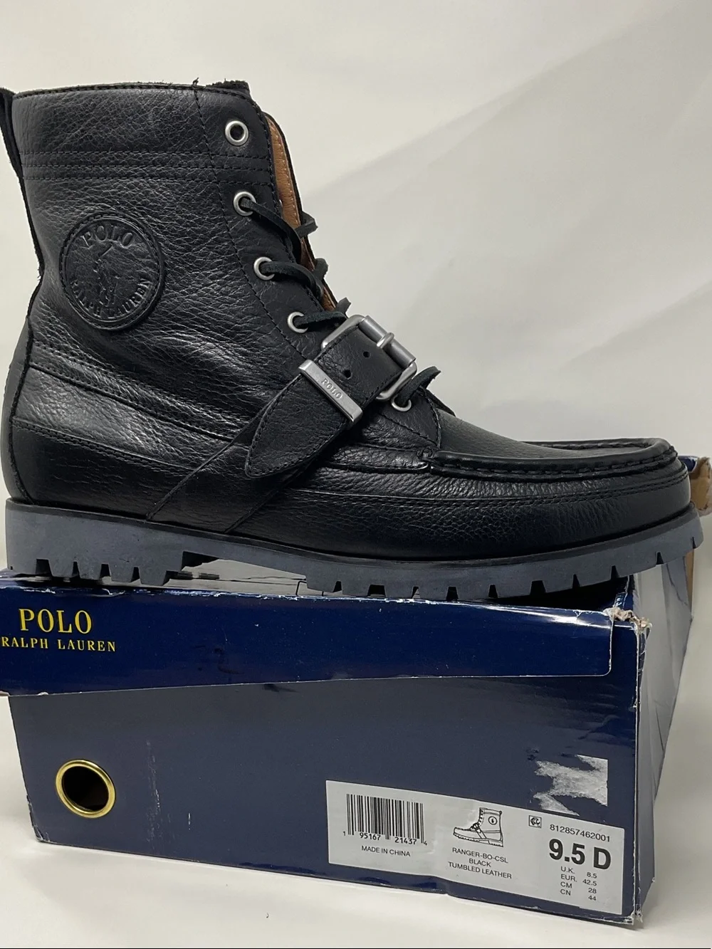 Polo Ralph Lauren Men's Black Leather Lace-Up Buckle Boots